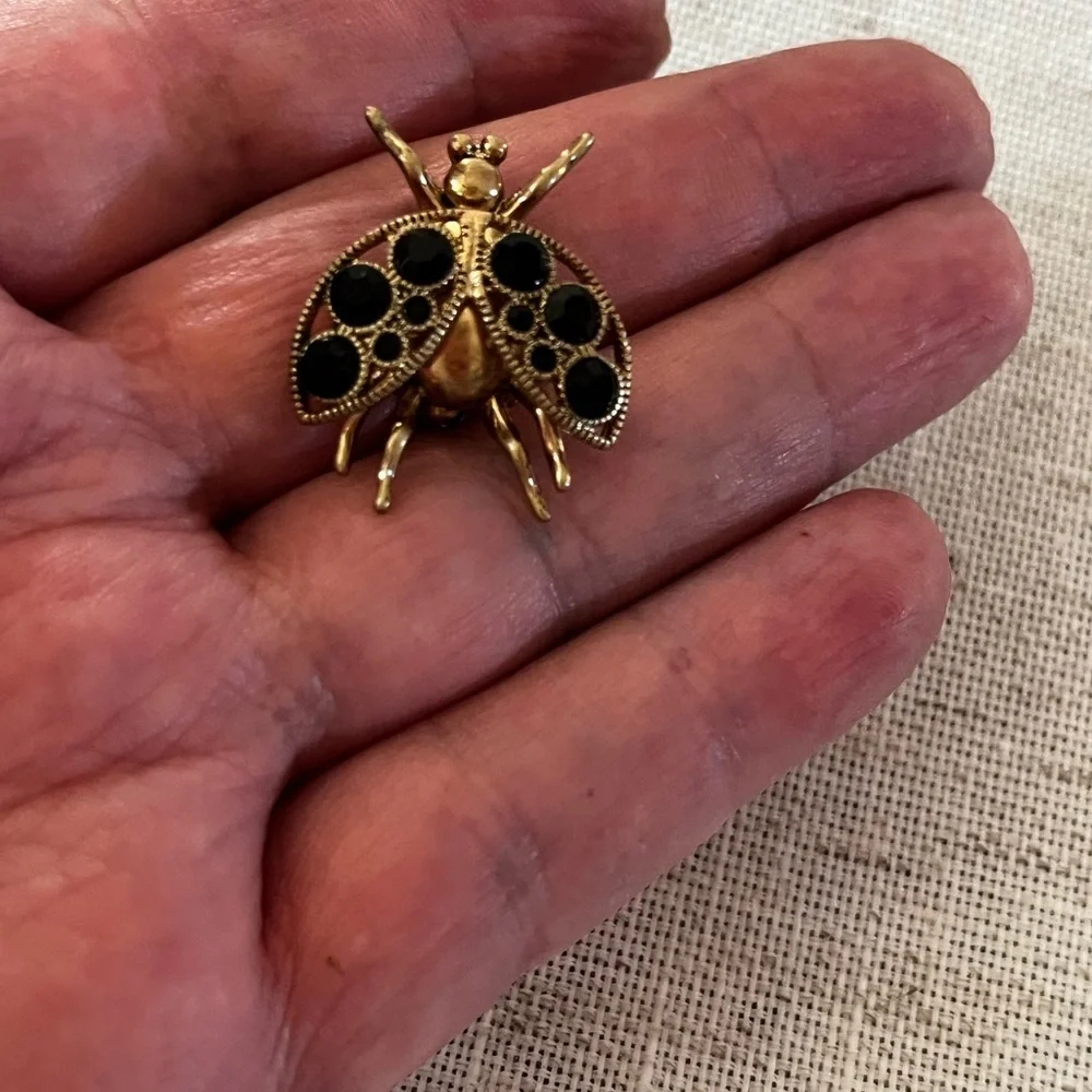 VTG J Crew Gold Tone Fly or Flying Beetle ,ladybug With Black Stones Brooch, Pin